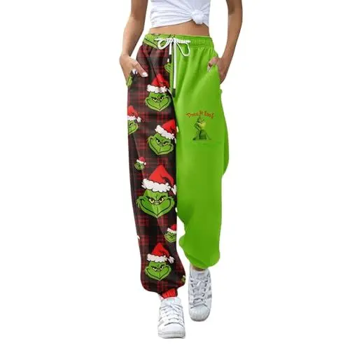 Produktbild: 𝑮𝒓𝒊𝒏𝒄𝒉 Damen Freizeithose Christmas Hose Hosen mit Gummizug Hosen Damen Winter Fleece Hose Schlafanzug Männer Lang Weihnachts Pyjama für Mädchen Weihnachtshose Männer Trousers for Rot XL
